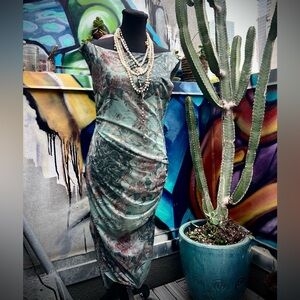 Off Shoulder Mesh Ruched Floral MIDI Dress